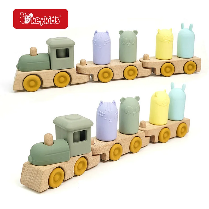 Wooden Silicone Train Push-Pull Toy Set -Building Blocks & Animal Shape , Early Education Stacking Toys for Toddlers W04A677